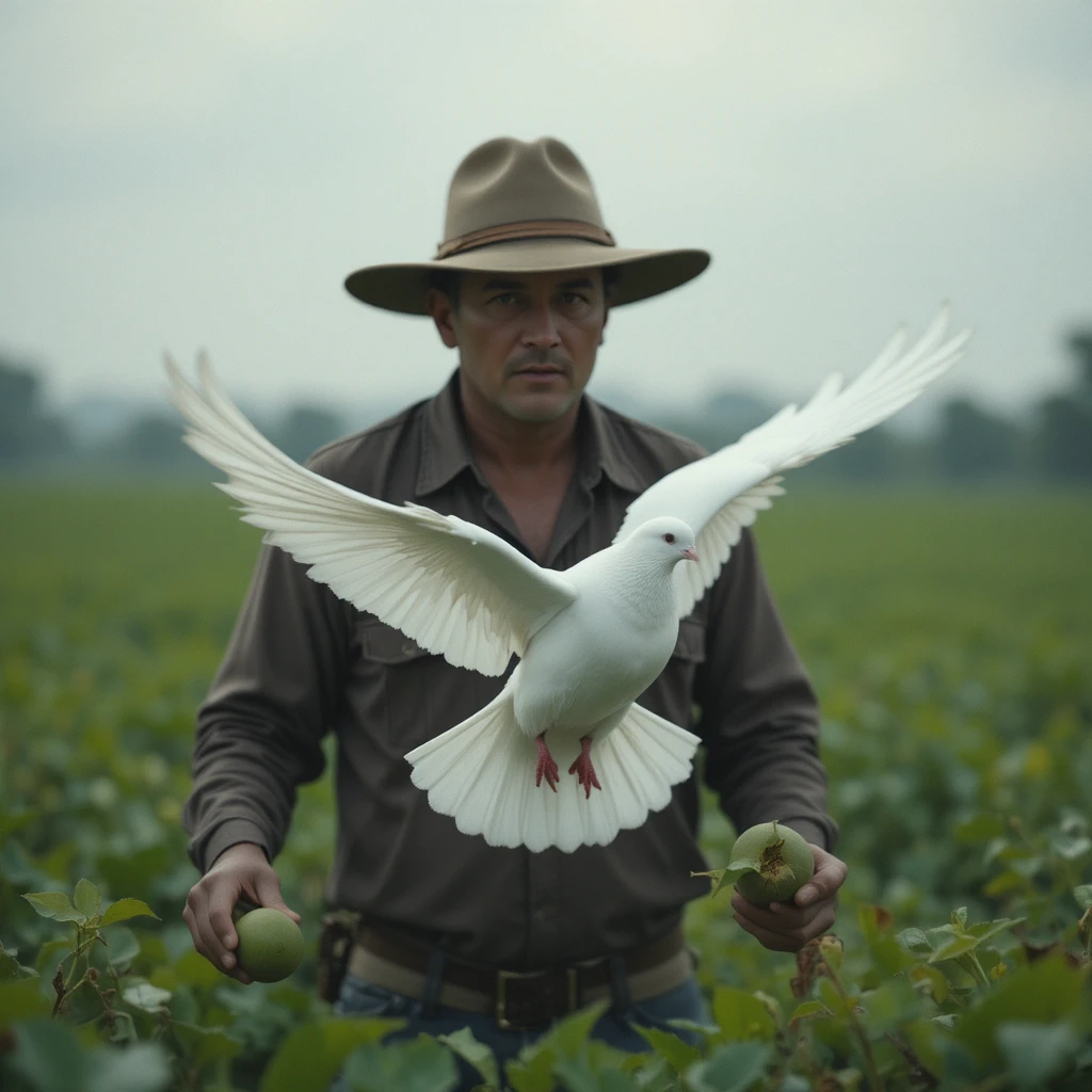 Paloma blanca volando lentamente sobre campos verdes con una guayaba
