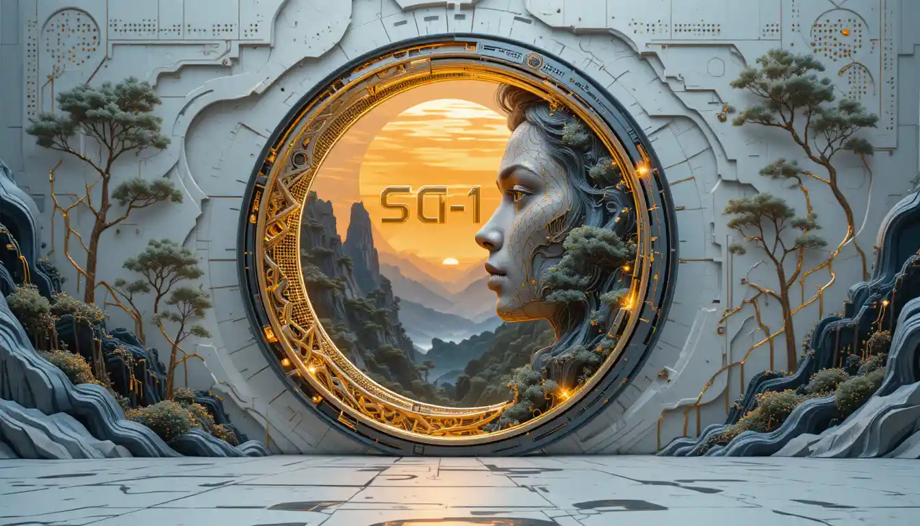 Surreal art nouveau face framing a glowing mountain sun