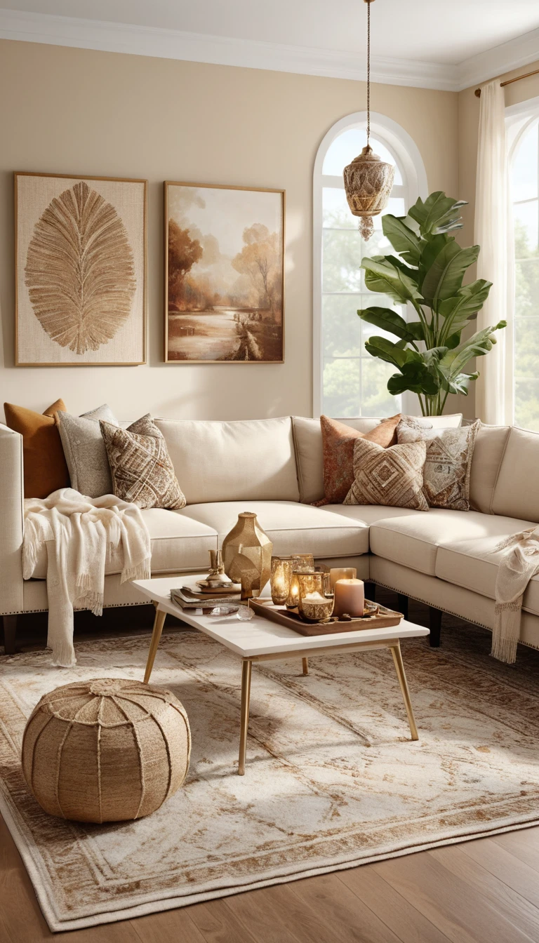 Bohemian style living room with creamy beige accessories