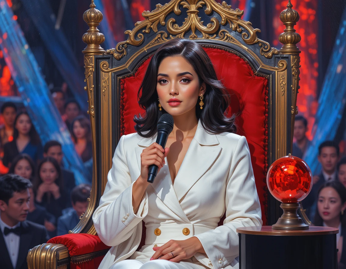 Woman in white coat on red throne in tv studio