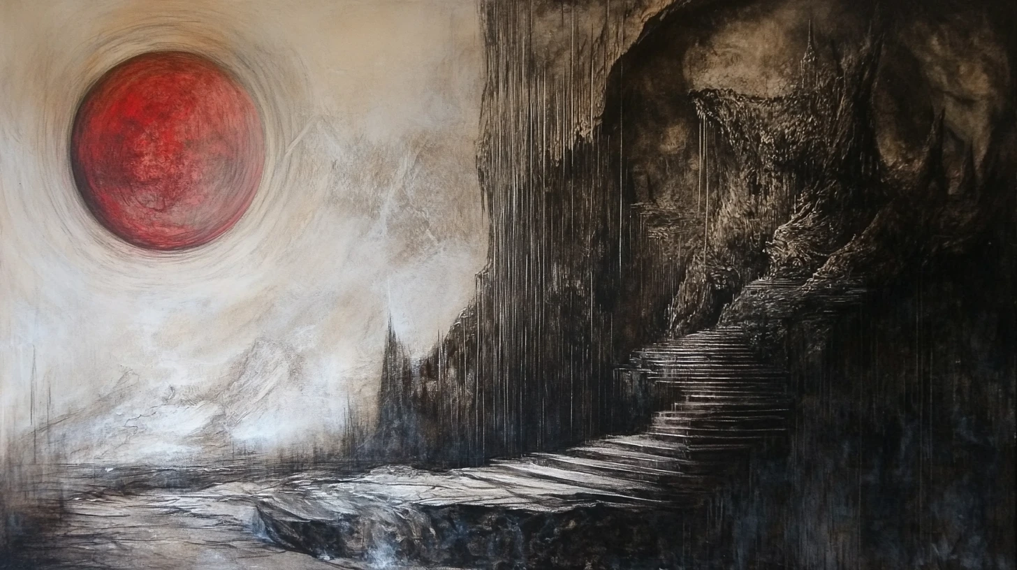 Surrealistische Mixed-Media-Landschaft in geheimnisvoll leuchtenden Farben