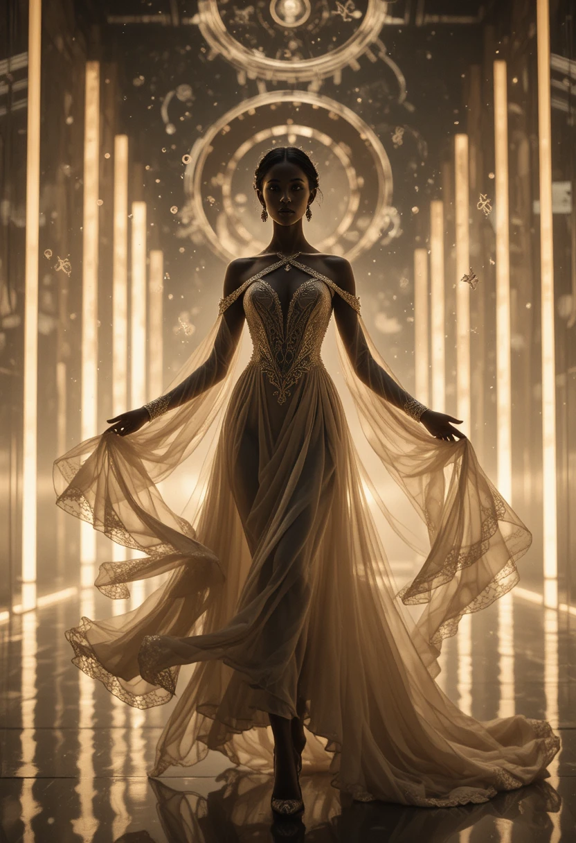 Elegante modelo oracular en una luminosa pasarela abstracta