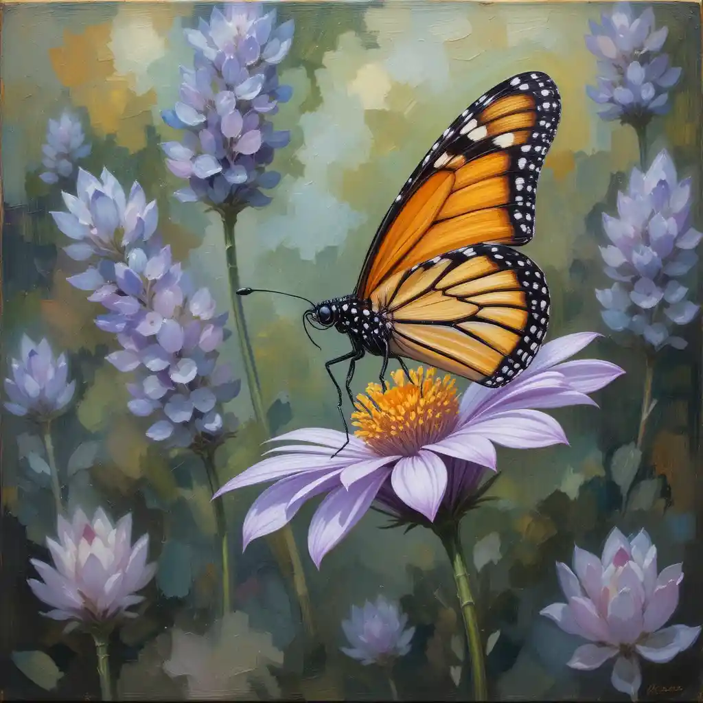 Mariposa monarca descansando sobre una suave flor de lavanda - pintura