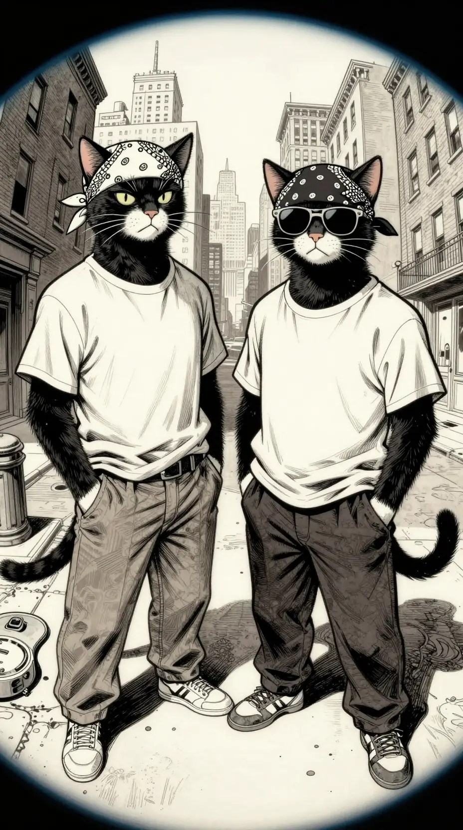 Gangster cats on a New York street in sci fi style