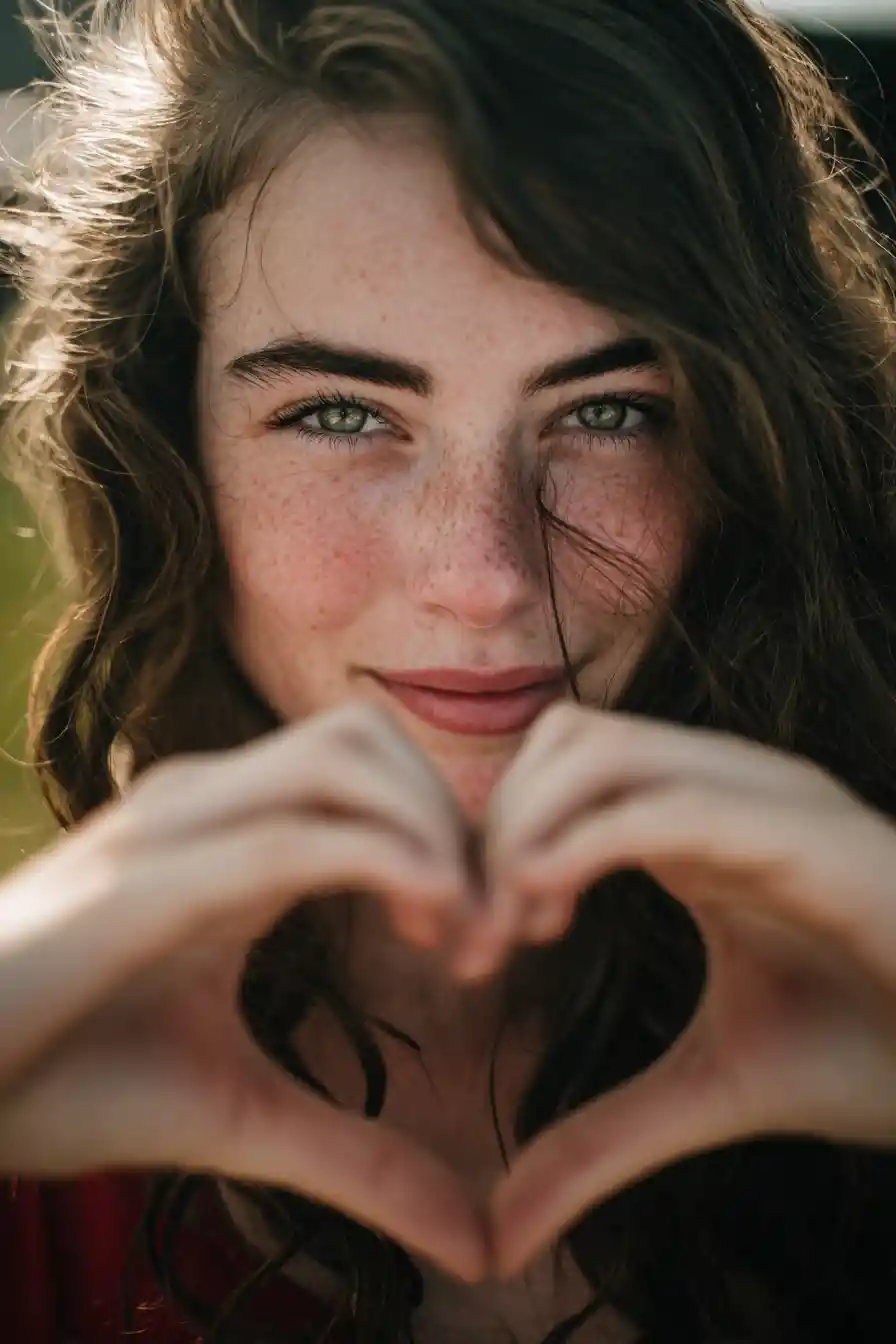 Young woman making a heart gesture in close up portrait