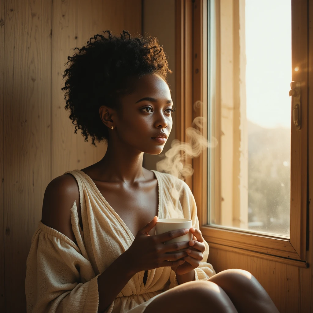Joven mujer africana junto a una ventana soleada con café