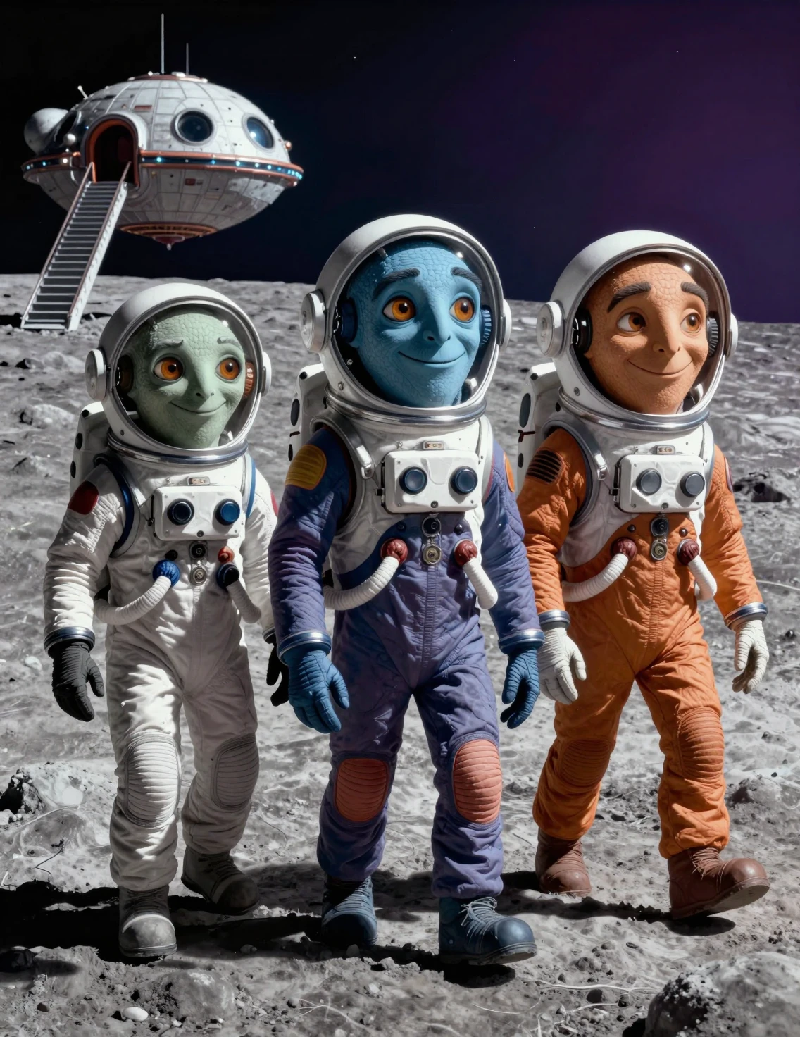 Colorful aliens walking on the moon in cartoon spacesuits