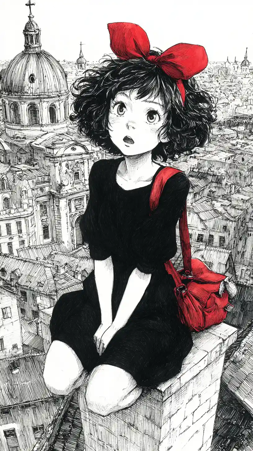 Anime-Mädchen auf einem hohen Dach in einer europäischen Stadt