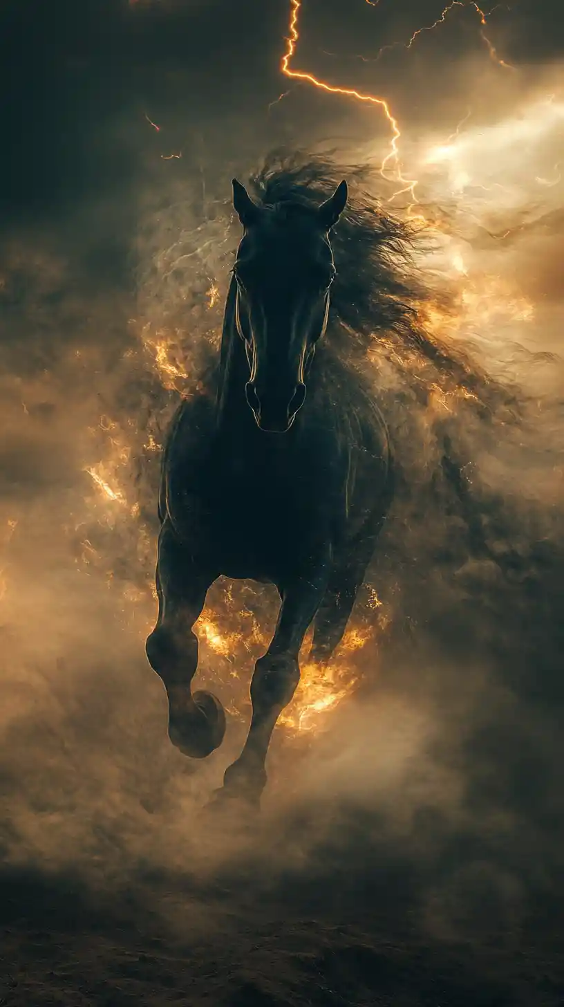 Spectral smoke horse galloping across a dark desert landscape