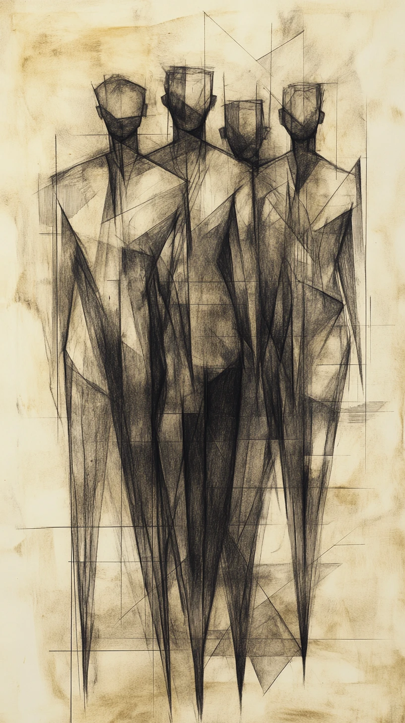 Cubist graphite figures walking through abstract urban architecture