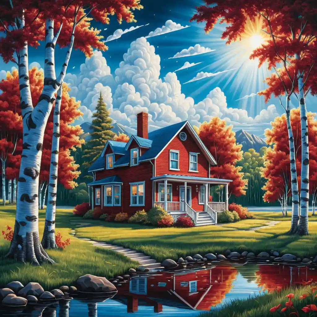 Summer forest house with birch trees and soft sunbeam