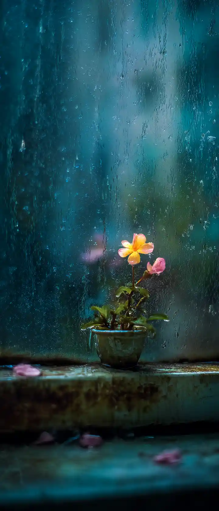 Raindrop Cradling A Single Flower On Stormy Windowsill