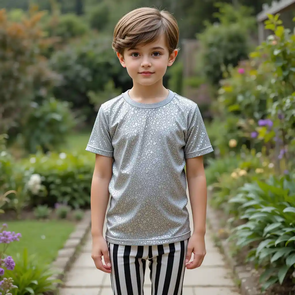 Junge in gestreifter Hose, der in einem Garten steht