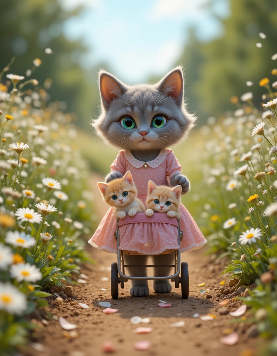 Cat In Pink Dress Pushing Stroller Along Flower Path