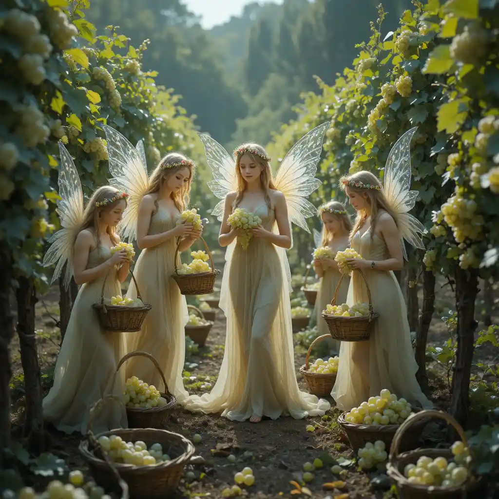 Fées récoltant des raisins blancs dans un vignoble vintage