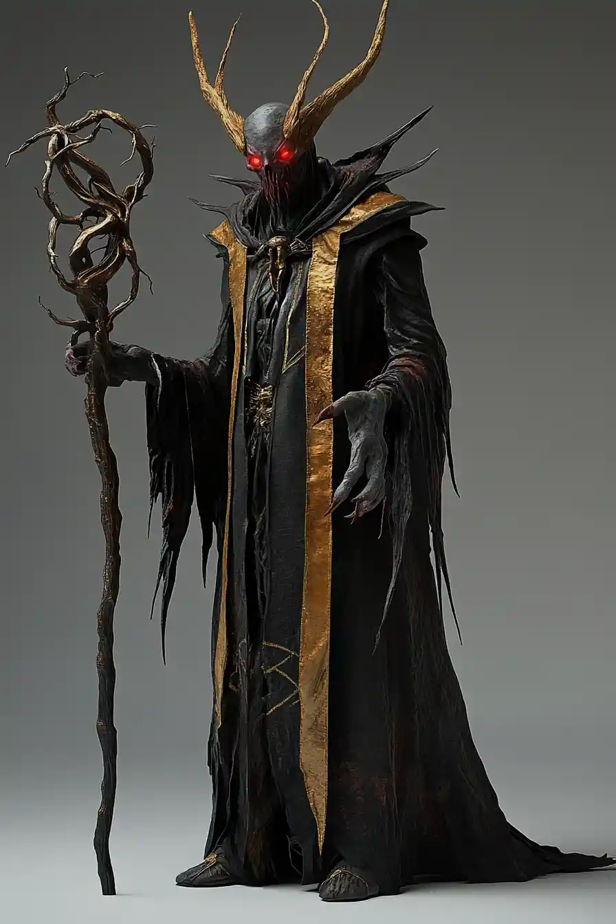 かぎ爪の手とねじれた杖を持つダークファンタジーの魔法使い
