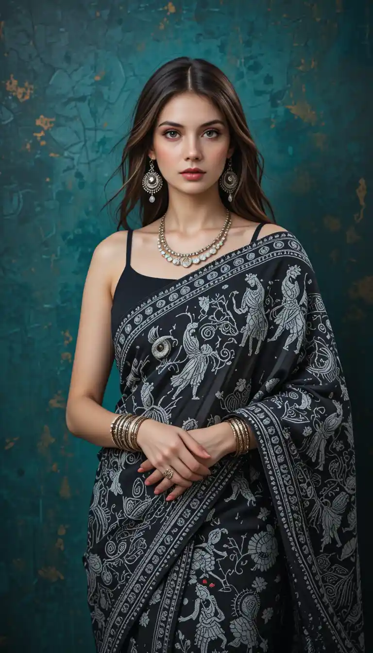 Elegant woman in warli saree with silver jewelry