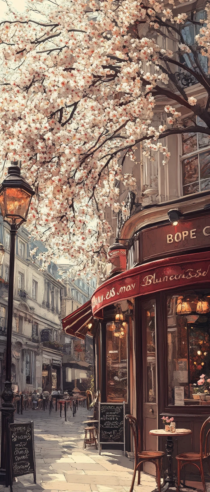 Manzano en flor arqueándose sobre un tranquilo café de Londres