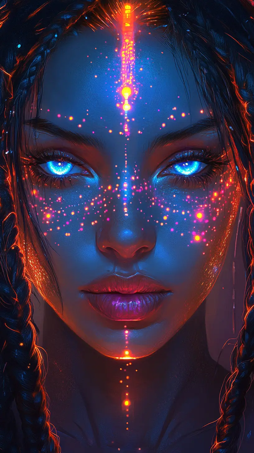 Ethereal Blue Woman With Neon Bioluminescent Face Markings