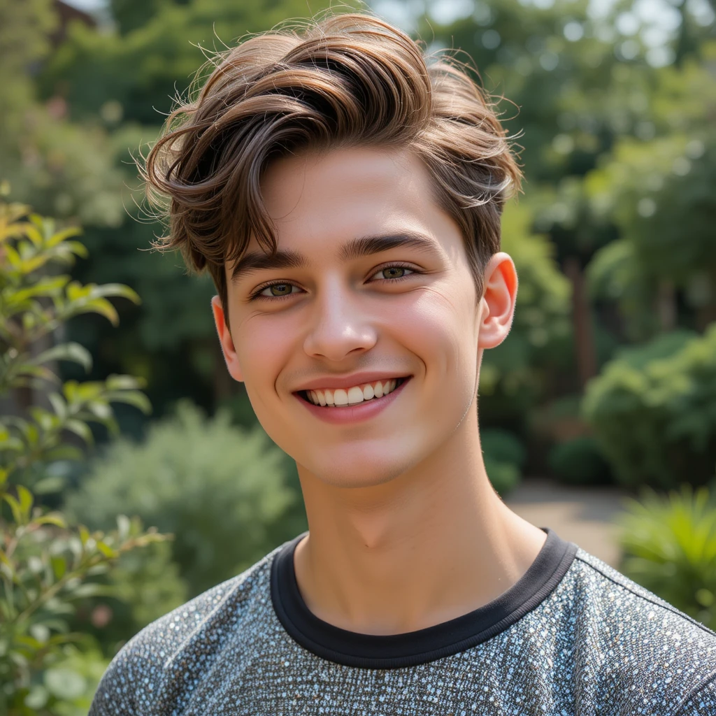 Giovane uomo sorridente in piedi in un giardino con jeans a righe