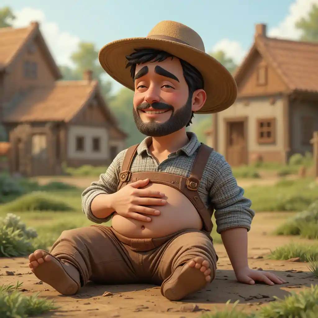 3d farmer lying on village ground holding his stomach