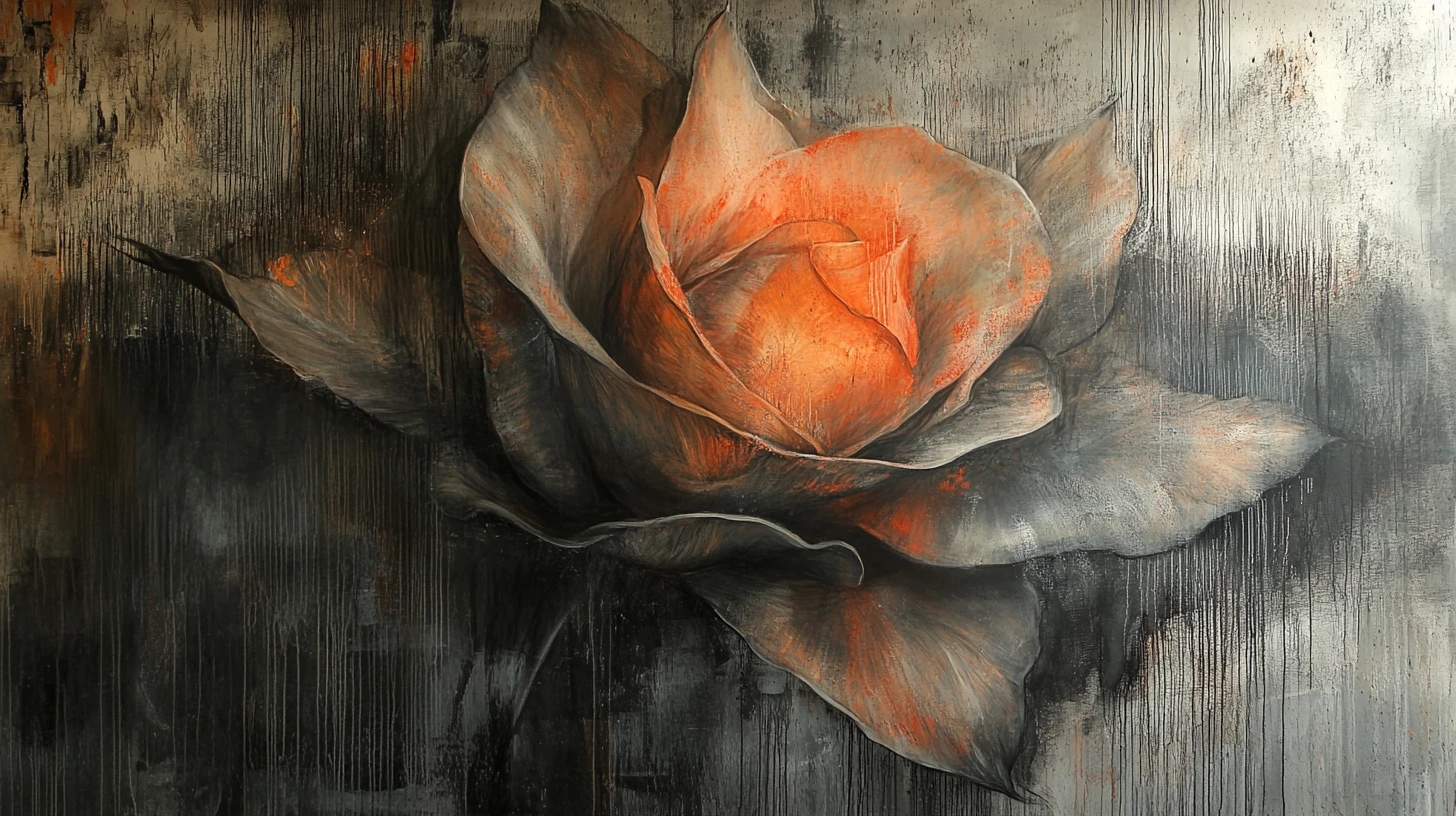 Abstract mixed media rose with large reflective petals