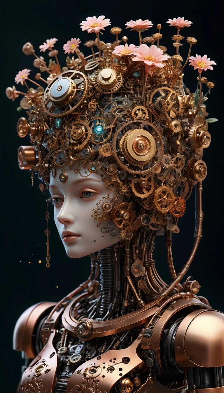 Cabeza de robot steampunk con jardín mecánico de relojería en flor