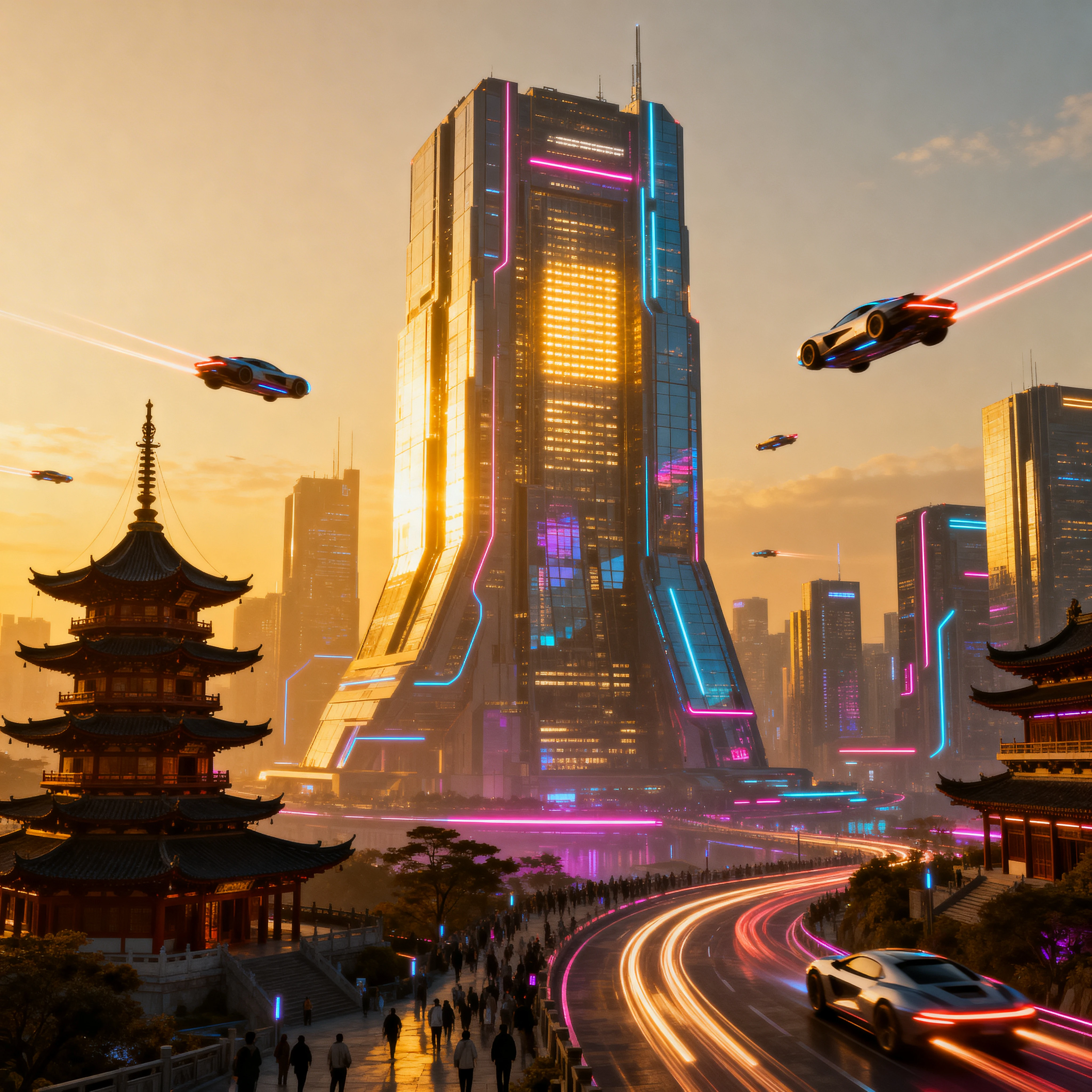 Futuristic neon cityscape with towering glowing skyscraper at dusk