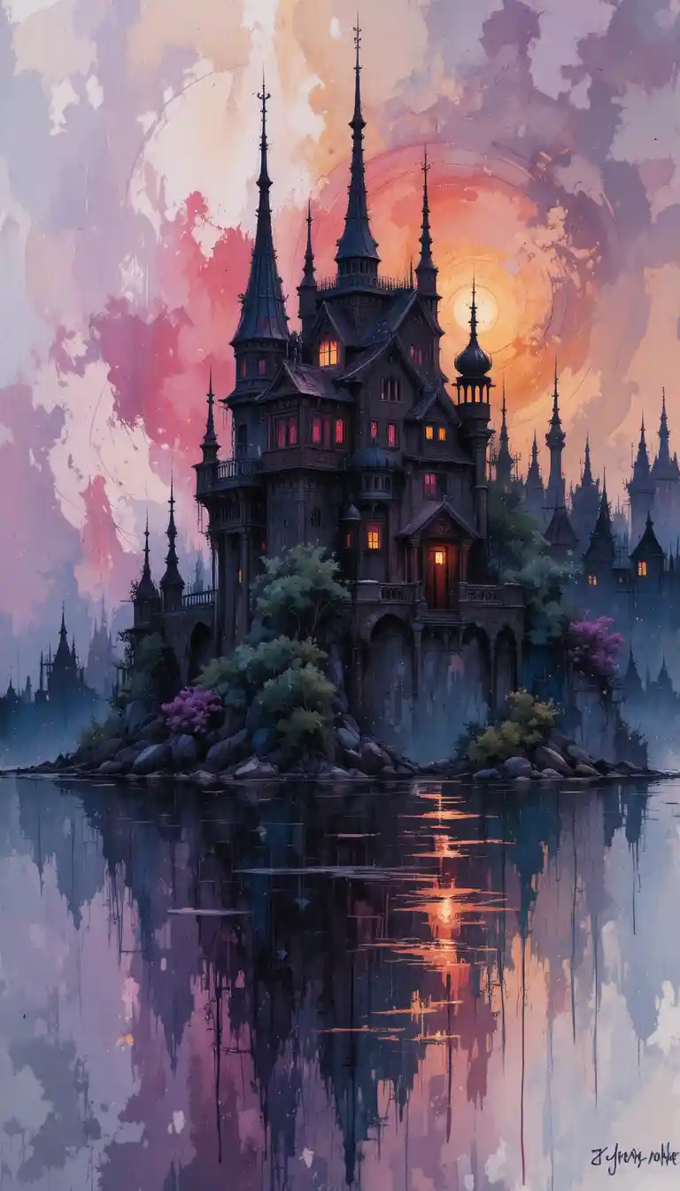 Ciudad en impasto al atardecer con una casa lila de cuento de hadas