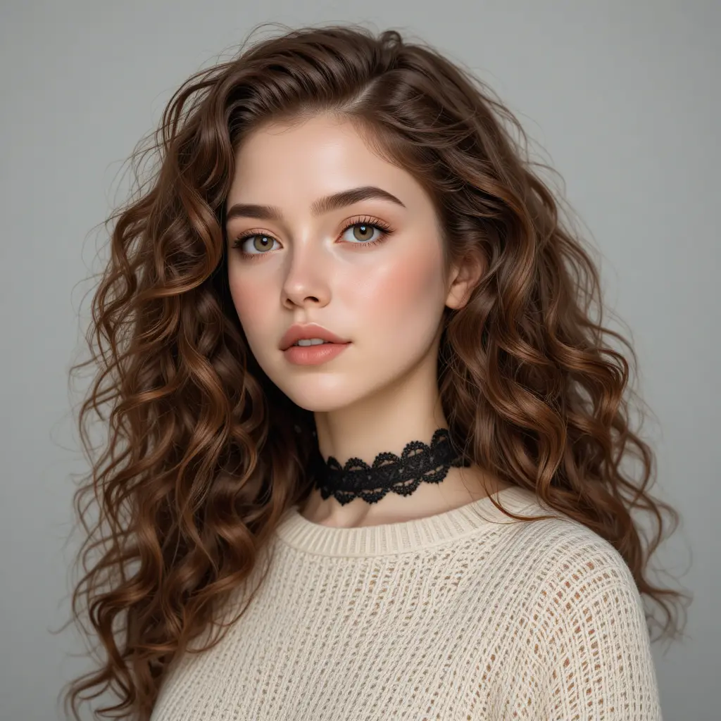 Young woman portrait with curly hair and lace choker