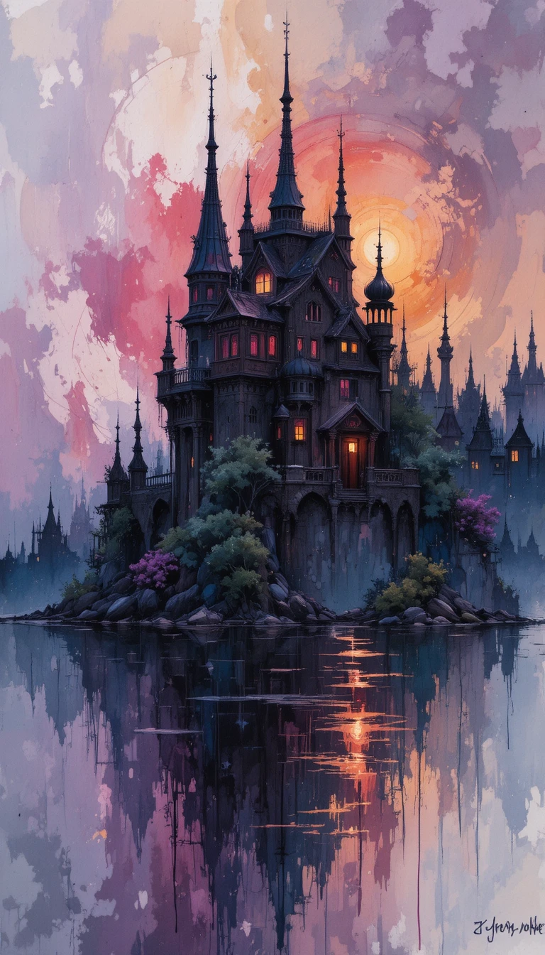 Ciudad en impasto al atardecer con una casa lila de cuento de hadas