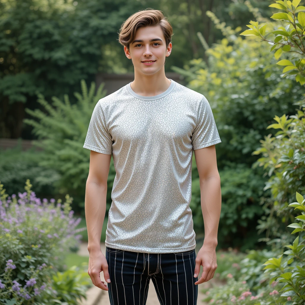Giovane uomo con jeans a righe in piedi in un giardino