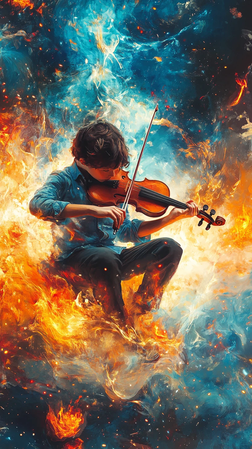 Giovane violinista tra acqua vorticosa ed energia di fuoco