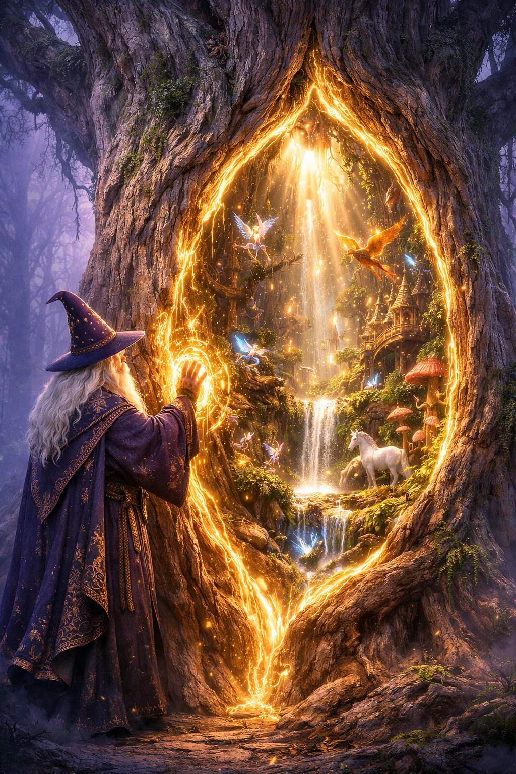 Vecchio mago che apre un portale in una foresta incantata