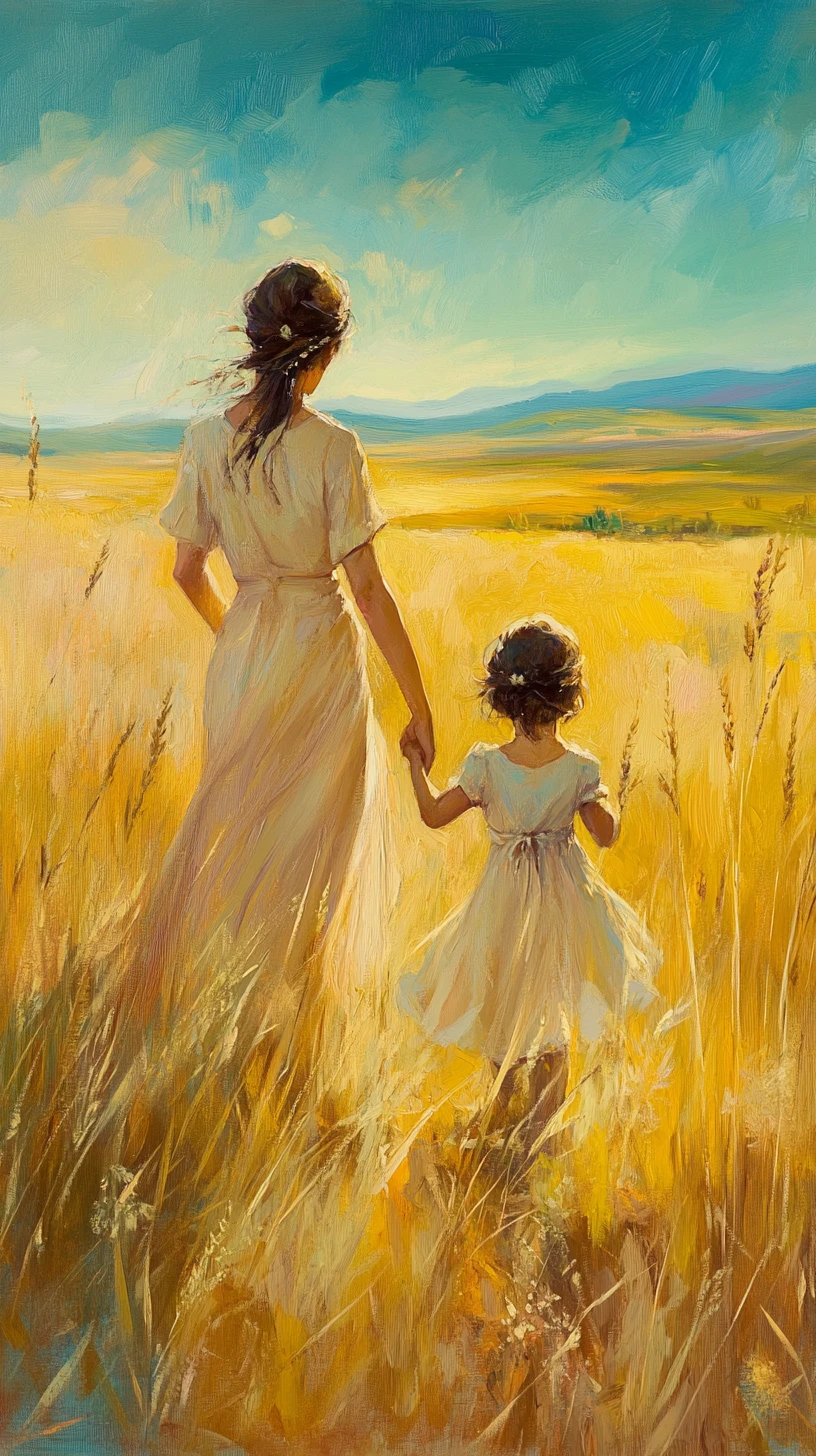 Madre e hijo caminando por un campo amarillo bañado por el sol