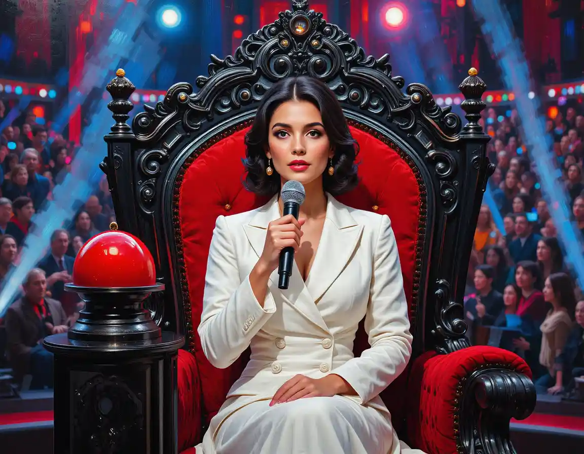 Woman judge on red throne holding microphone on tv set