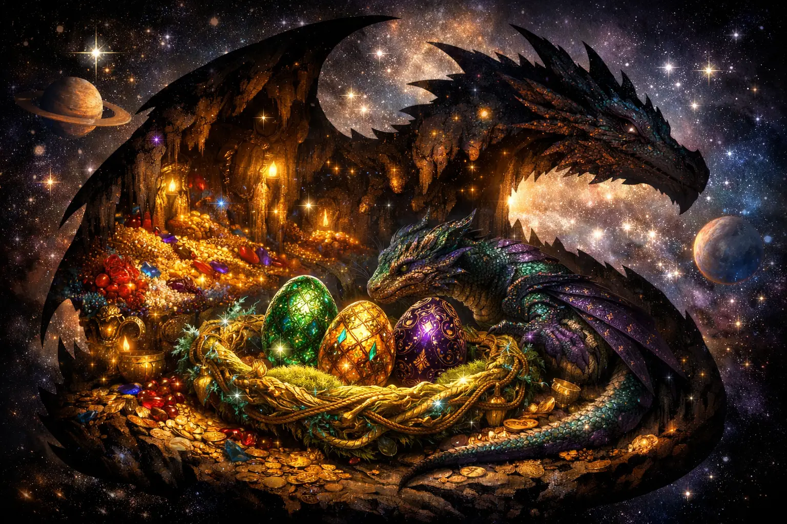 Dragon silhouette revealing a treasure filled glowing cave