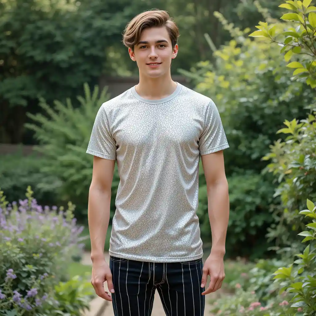 Giovane uomo con jeans a righe in piedi in un giardino