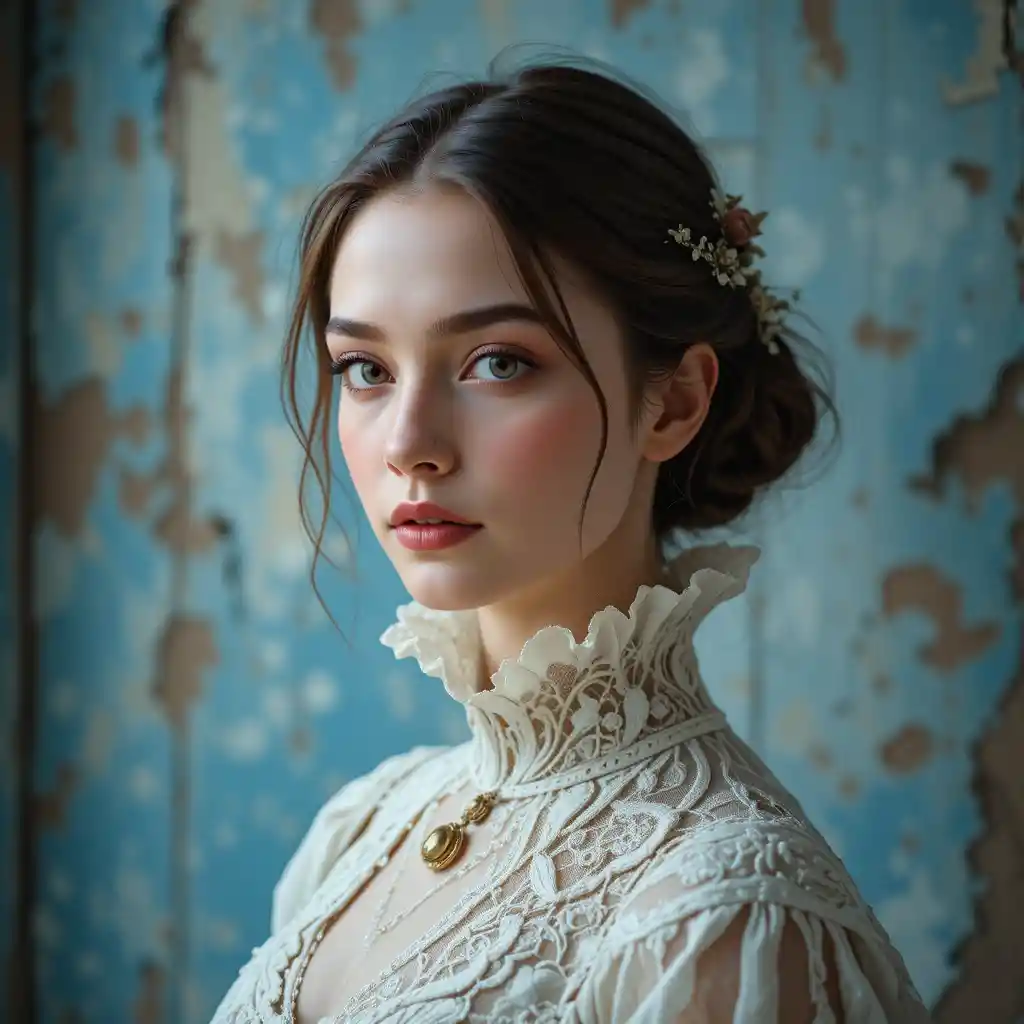 Ritratto vittoriano in pizzo di una giovane donna in abito bianco