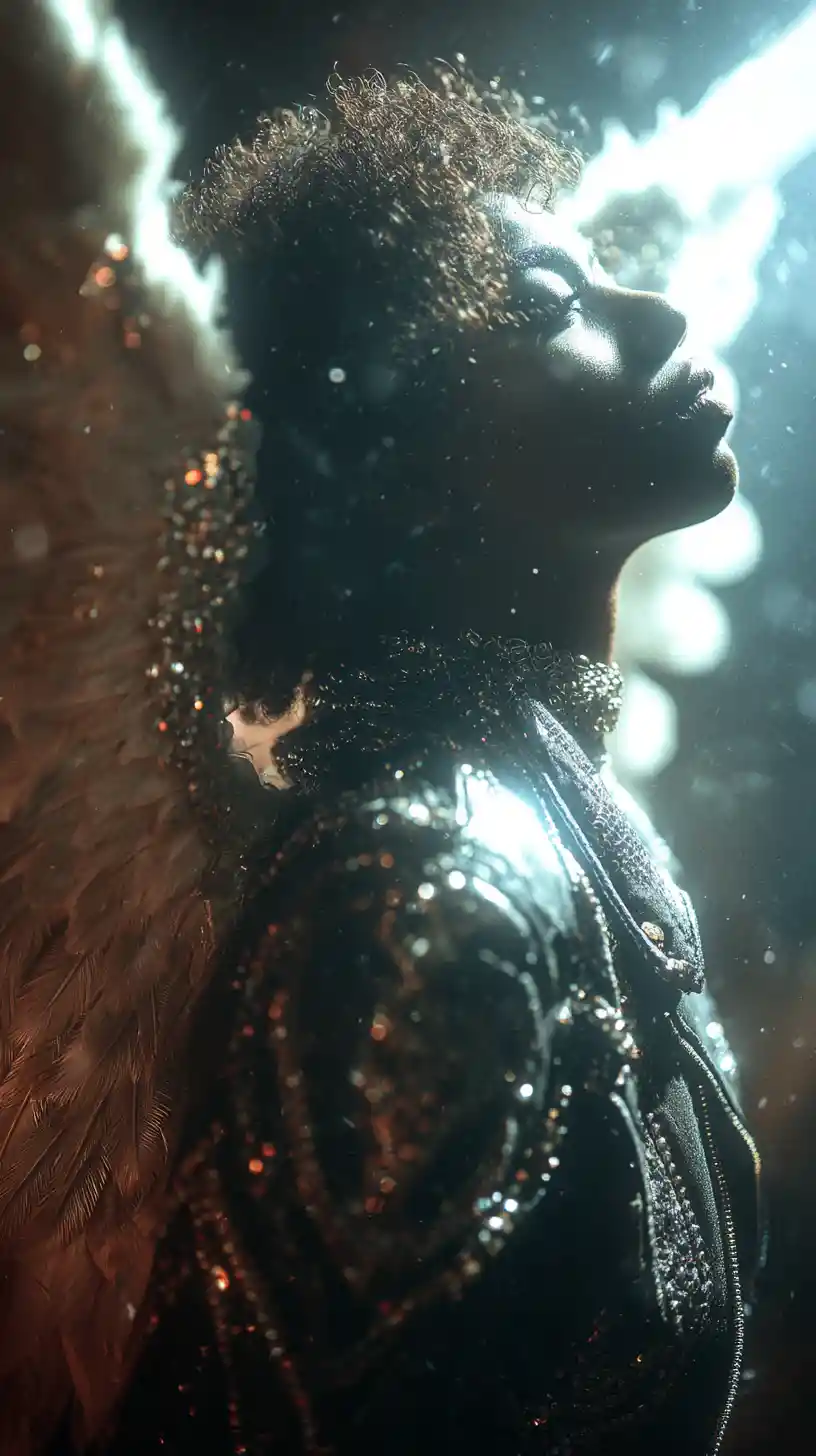 Afrofuturistic dark angel emerging from starlit cosmic shadows