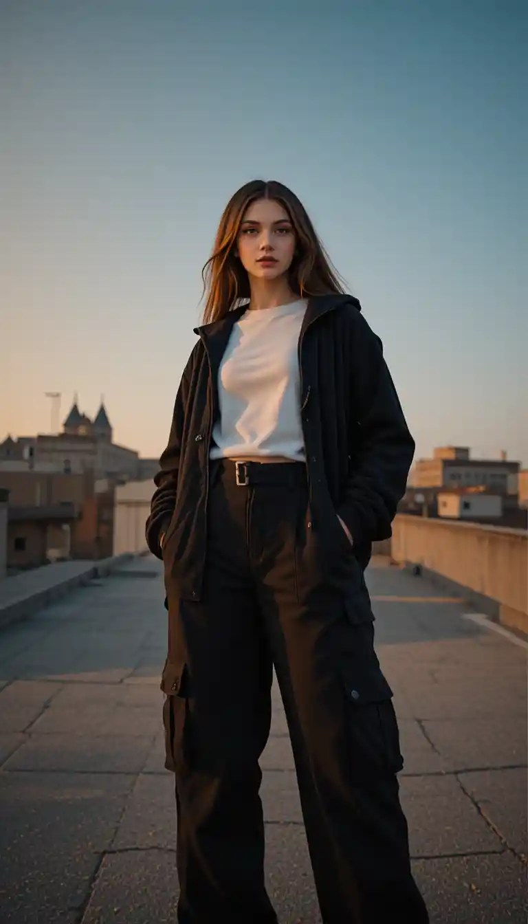 Junge Frau in Streetwear auf einem Stadtdach bei Sonnenuntergang