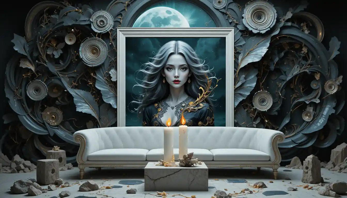 White sofa by fireplace in atmospheric 3D interior scene