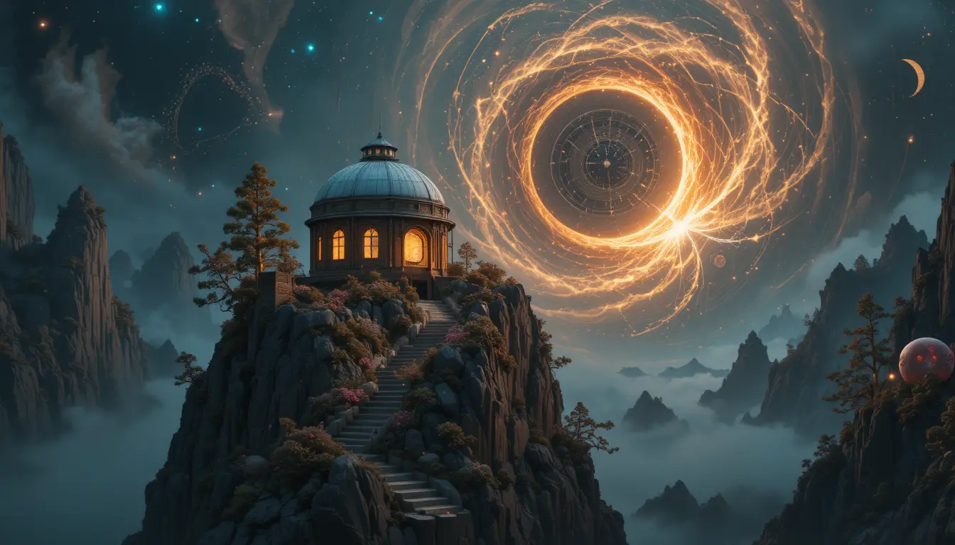 Sol y luna surrealistas enmarcando un místico observatorio de montaña