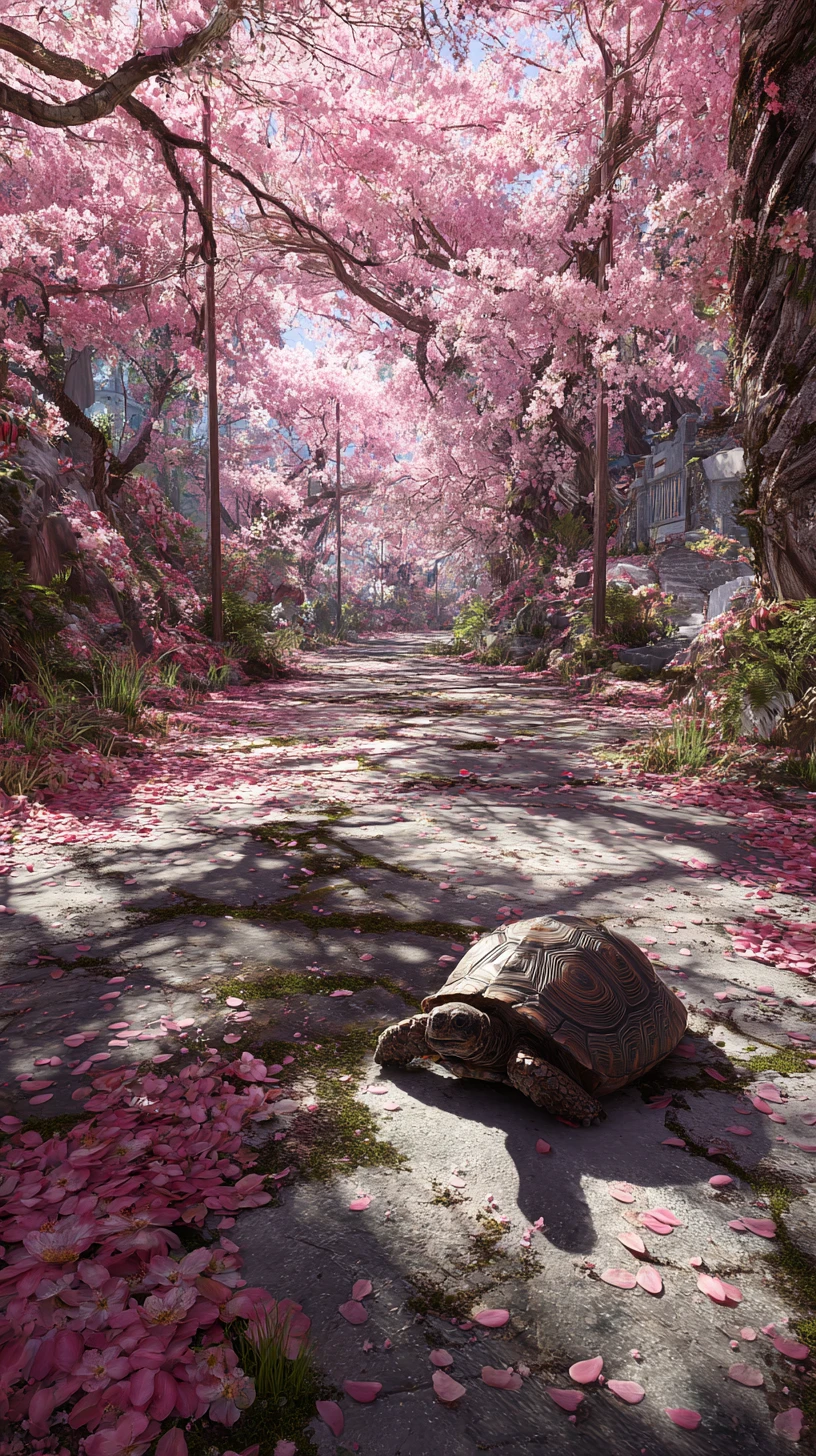 Tartaruga Descansando em Caminho de Flores de Cerejeira na Luz da Primavera