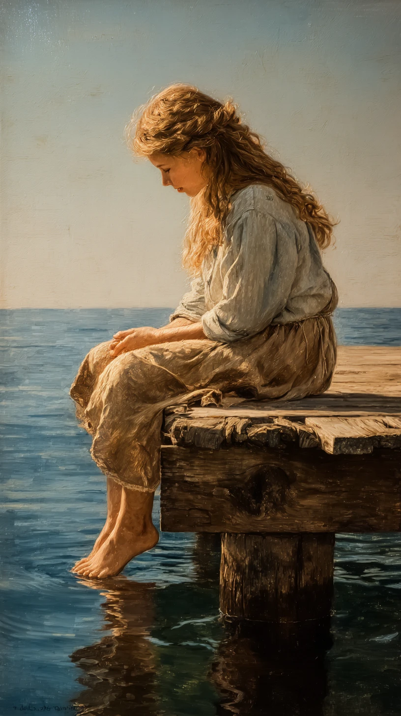 Teen girl sitting on a wooden pier over calm water