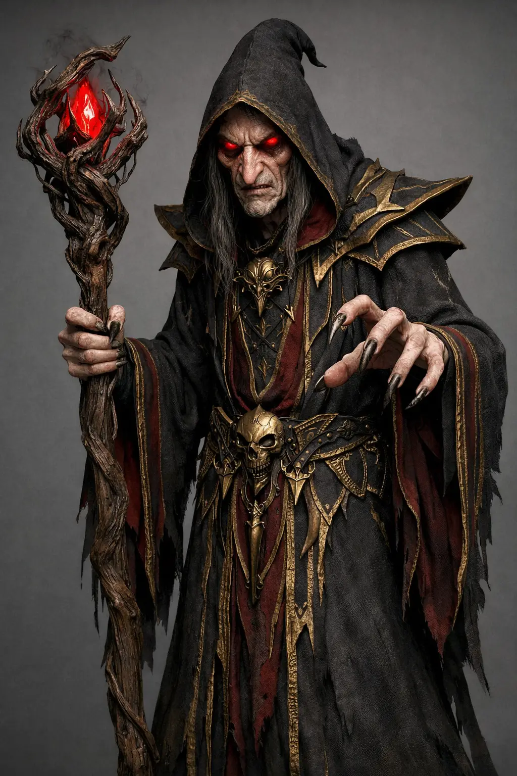 Menacing 3D fantasy wizard with claws and staff