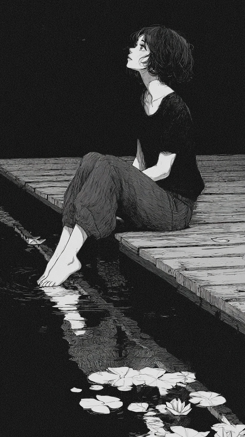 Young woman on a wooden dock gazing over dark water