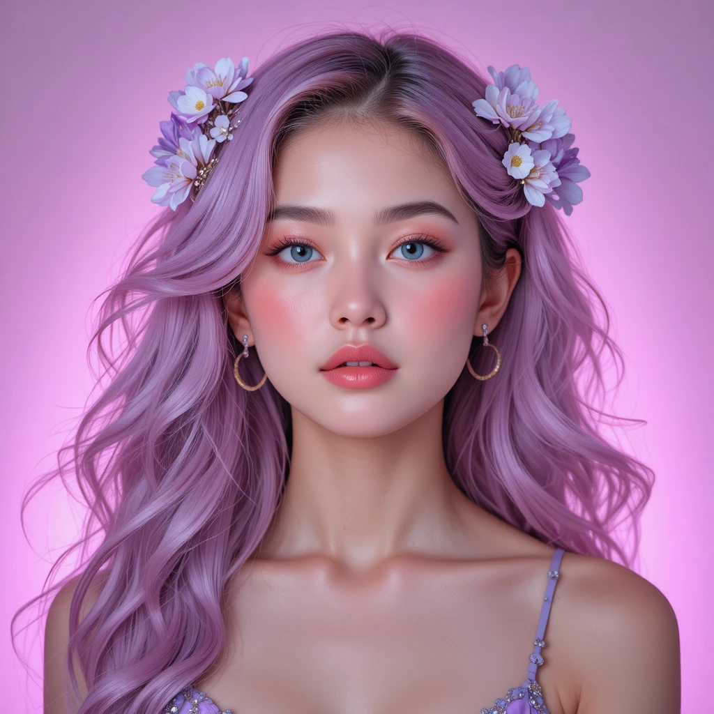 Retrato de mulher de cabelo rosa com detalhes florais e luz suave