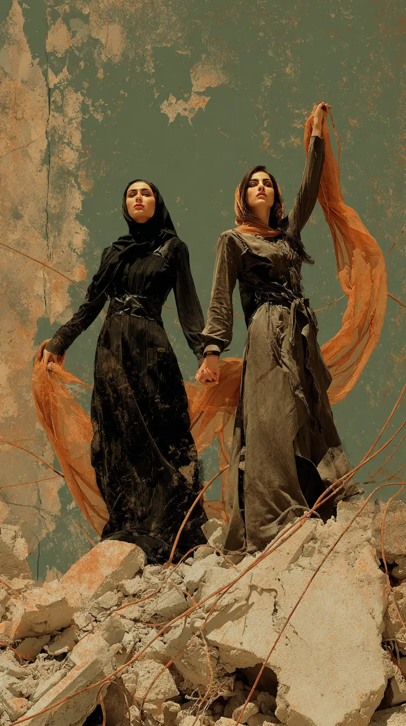 Two women removing veils in a ruined post apocalyptic world
