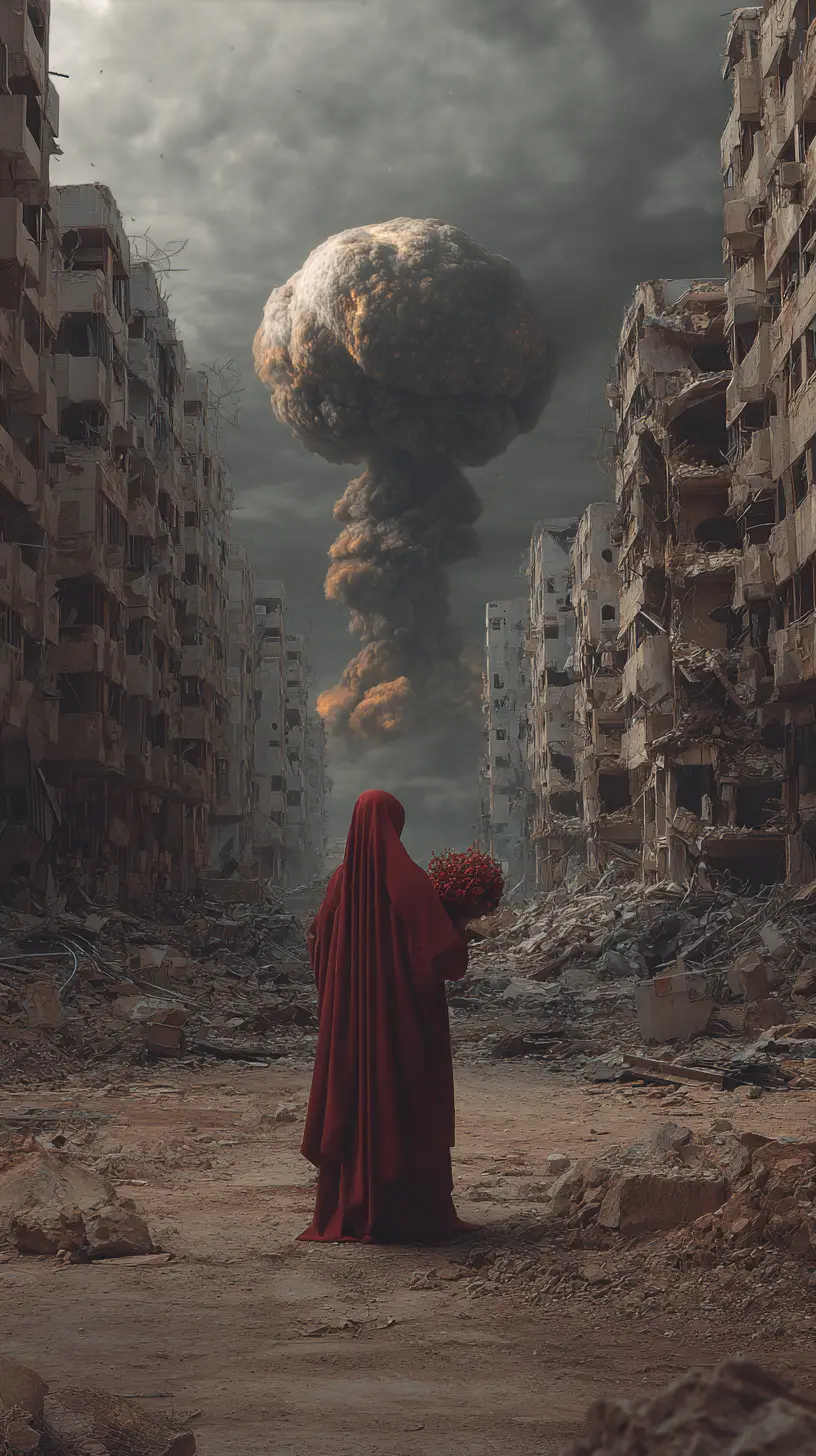 Surreal post apocalyptic scene of unity in a ruined world